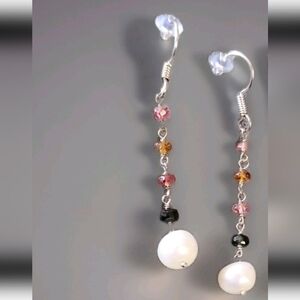 FreshwaterPearl & Multi-colored Genuine Sapphire Sterling Silver Dangle Earrings